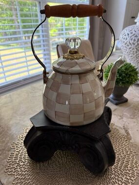 Mackenzie-Childs mocha  Checkered Ceramic Teapot with Wood Handle.